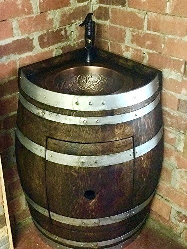 Barrel Sink Bathroom, Wine Barrel Sink, Whiskey Barrel Sink, Building A Home Bar, Barrel Sink, Corner Sink Bathroom, Whiskey Barrel Furniture, Rustic Lake Houses, Corner Vanity