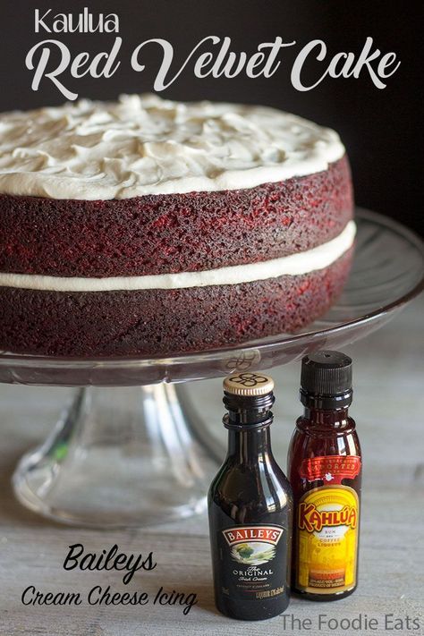 Kahlua Red Velvet Cake with Baileys Cream Cheese Icing | The Foodie Eats via @thefoodieeats Baileys Cream, Baileys Cake, Best Red Velvet Cake, Boozy Cupcakes, Baileys Recipes, Yoghurt Cake, Boozy Desserts, Mini Tortillas, Duncan Hines