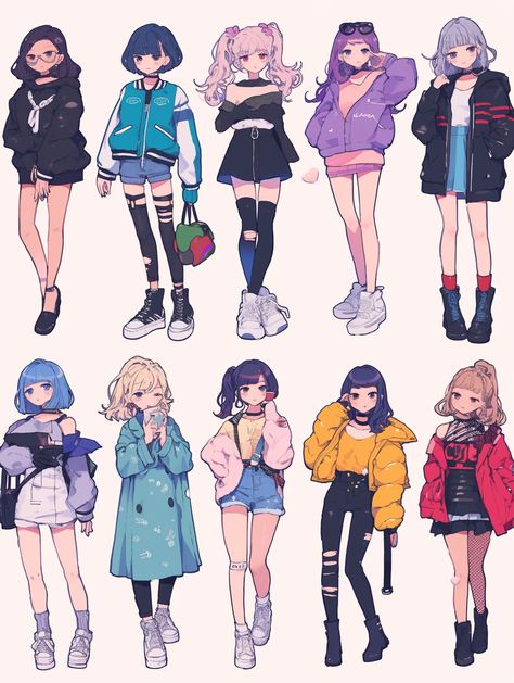 Anime Reference Outfits, Anime Fashion Outfits For Women, Female Casual Outfits Drawing, Anime Fashion Illustration, Anime Fashion Outfits Art, Edgy Anime Outfits, Casual Clothes Reference, Casual Outfits Design Drawing, Cute Outfits Drawings Character Design