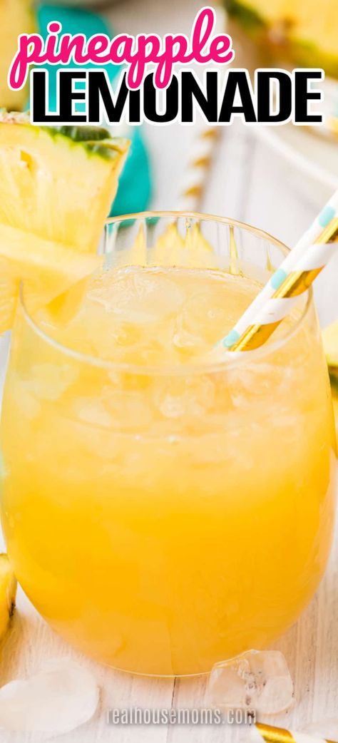 Refreshing Pineapple Lemonade is a sweet & tangy twist on everyone's favorite summertime thirst quencher! Make a double batch, it'll go fast! Lemonade Slushie Recipe, Pineapple Lemonade Punch, Pineapple Lemonade Recipe, Lemonade Slushies, Flavored Lemonade, Frozen Drink Recipes, Lemonade Punch, Mango Lemonade, Pineapple Lemonade