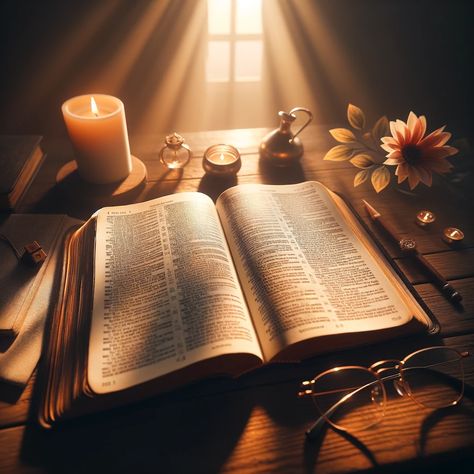 A visually stunning image of an open Bible on a wooden desk with soft, warm lighting highlighting its pages. The Bible's pages contain visible text, but no specific words are discernible. Around the Bible, there are peaceful elements like a small candle, a delicate flower, and a pair of reading glasses, symbolizing reflection, peace, and wisdom. The background is a cozy, dimly lit room, adding to the serene and sacred atmosphere of the scene. Open Bible Image, Word Pictures Art, Biblia Aesthetic, Candle Background, Higher Art, Writing Images, Open Bible, Christian Wallpapers, Bible Images