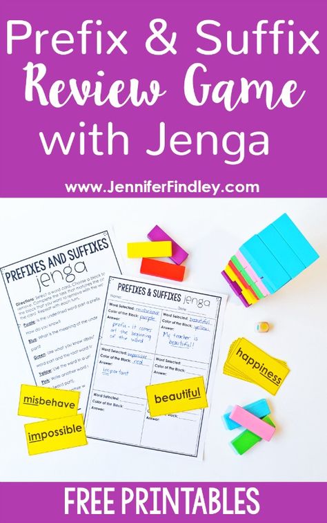 Review affixes with this prefix and suffix review game with Jenga blocks! Get all the details and free printables to engage your students in this fun review of prefixes and suffixes! Prefix And Suffix Games 3rd Grade, Jenga Reading Game, Prefix Suffix Activities, Prefix And Suffix Games, Prefix Games For 3rd Grade, Affixes Activities Prefixes And Suffixes, Prefixes And Suffixes Games, Prefix Suffix Games, Morphology Games