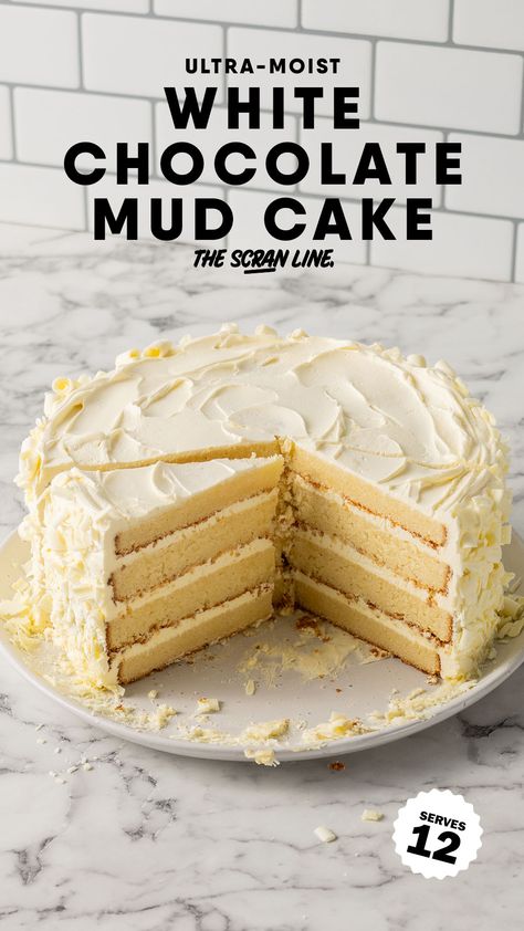 White Chocolate Mud Cake White Mud Cake, White Chocolate Fudge Cake, White Chocolate Mud Cake Recipe, Chocolate Cake With White Frosting, White Chocolate Cake Decoration, White Chocolate Layer Cake, White Chocolate Cake Recipe, Mud Cakes, White Chocolate Mud Cake