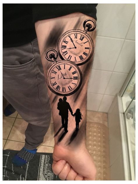 Tato Jam, Clock Tattoo Sleeve, Pocket Watch Tattoo Design, Clock And Rose Tattoo, Watch Tattoo Design, Family Tattoos For Men, Pocket Watch Tattoos, Half Sleeve Tattoos Forearm