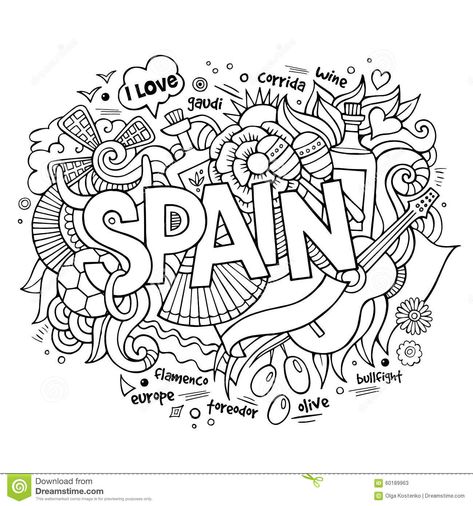 Spain Country Hand Lettering And Doodles Elements Stock Vector - Illustration of fiesta, design: 60189963 Spain Country, Doodle Art Journals, Adult Colouring Pages, Doodle Lettering, Doodle Designs, Mandala Coloring Pages, Bullet Journal Ideas Pages, Mandala Coloring, Videos Design