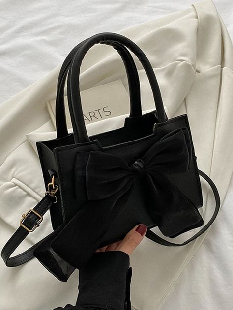 Mini Bow Decor Double Handle Square Bag | SHEIN USA Goth Purse, Winter Purses, Black Preppy, Black Mini Bag, Decorated Bags, My Style Bags, Mini Bow, Bow Bag, Bow Decor