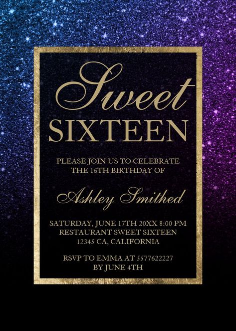 Purple black glitter gold elegant chic Sweet 16 Invitation Blue Sweet 16, Sweet 16 Party Invitations, Sweet 16 Photos, Gold Chic, Sweet Sixteen Invitations, Sweet 16 Gifts, Sweet 16 Birthday Party, Sweet 16 Invitations, Quinceanera Invitations