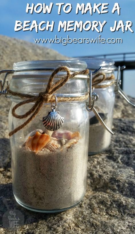 Planning a trip to the beach this summer? Take some time to collect a few seashells and a little sand to create your own personal DIY Beach Memory Jar vacation souvenir. Jar With Sand And Shells, Beach Sand Bottle Ideas, Sand Jars Diy, Sand Jar Ideas Vacation Memories, Seashell Jar Ideas, Diy Beach Souvenirs, Beach Jars Diy Ideas, Sand Jars From Vacation, Sand And Shells In A Jar Ideas