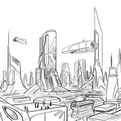 ArtStation - City Sketch Perspective Art Reference City, Cyberpunk City Drawing Sketch, Future Drawing City, Futuristic Building Drawing, Sci Fi City Drawing, Dystopian City Drawing, Futuristic City Sketch, Futuristic World Drawing, Future Buildings Drawing