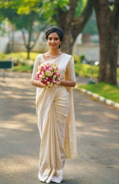 Wedding saree -- like the draping Christian Wedding Dress, Kerala Wedding Saree, Christian Wedding Gowns, Christian Bridal Saree, White Sari, Christian Bride, Indian Wedding Gowns, Kerala Bride, Bridesmaid Saree