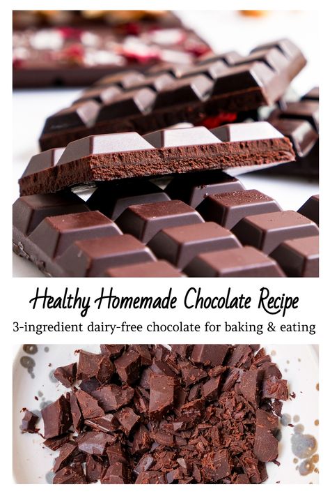 This easy recipe for healthy homemade chocolate bars makes delicious dark chocolate that melts in your mouth. Only three ingredients! It's perfect to use as a Paleo-friendly or refined sugar-free alternative in any recipes calling for chocolate chips or chunks. You can also use this recipe for homemade vegan chocolate bars! Homemade Healthy Chocolate, Homemade Vegan Chocolate, Paleo Baking Recipes, Homemade Dark Chocolate, Vegan Chocolate Bars, Homemade Chocolate Bars, Healthy Chocolate Recipes, Hello Valentine, Chocolate Recipes Homemade