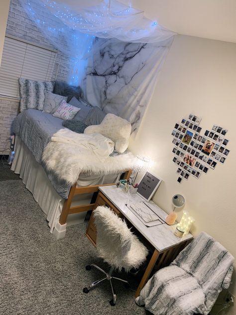 cute dorm room ideas (grey and white) Dorm Room Blue And Grey, Blue And Grey Dorm Room Aesthetic, Room Ideas Aesthetic Blue And White, Blue White And Grey Bedroom Room Ideas, Purple White And Grey Bedroom Room Ideas, Grey Themed Dorm Room, Black White And Grey Dorm Room Ideas, Grey And White Dorm Room Ideas, Dorm Room Ideas For Girls College Blue