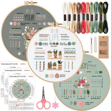 Discover the joy of embroidery with our Beginner Embroidery Kit! Perfect for adults new to sewing, this comprehensive Embroidery Sampler Kit includes everything you need to start your creative journey.  Our Embroidery Hoop Kit features easy-to-follow patterns, colorful threads, and high-quality fabric. Ideal for beginners, this embroidery kit for adults will have you creating beautiful designs in no time.  Don't wait to explore your artistic side - order now and start stitching today! Three Pack Motifs Embroidery, French Knot Embroidery, Beginner Embroidery Kit, Diy Embroidery Kit, Diy Broderie, Embroidery Sampler, Costura Diy, Different Stitches, Learn Embroidery