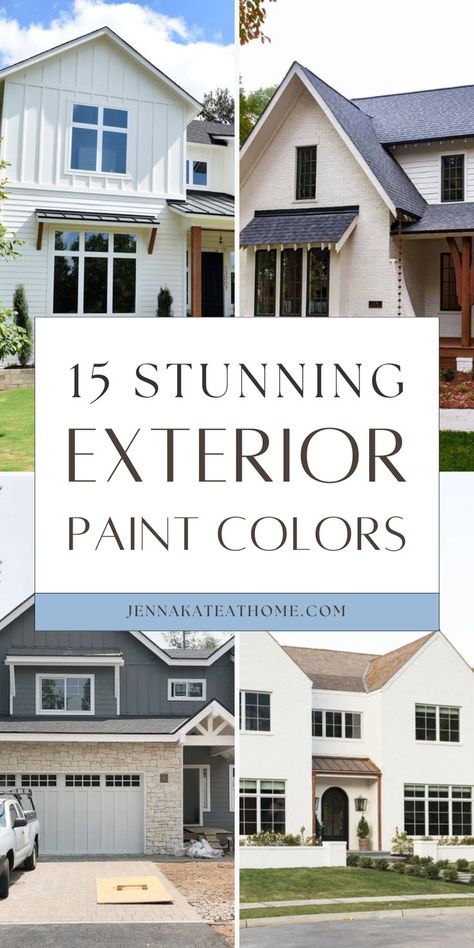 Elevate your home's curb appeal with the perfect exterior paint colors for your house. Whether you're looking for light or dark hues, our round up showcases stunning house paint colors from Sherwin Williams and Benjamin Moore. You don't have to stick to a simple white or taupe, explore a variety of shades! Light House Exterior Colors, Colors For Exterior Of House Paint, 2 Story House Exterior Paint Ideas, Two Story House Colors Exterior, Exterior Paint Colors For House India, Paint Colors For Outside Of House, Outdoor Home Paint Colors Ideas, Light Exterior Paint Colors For House, Popular Outdoor Paint Colors For House