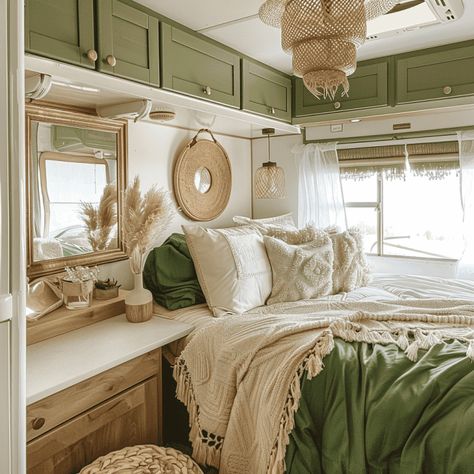 33 RV Remodeling Ideas ** SEE THEM NOW ** Olive Green Camper Interior, Remodeled Small Campers, Rv Color Palette, Green Interior Camper, Camper Redo Travel Trailer Remodel, Off Grid Camper Living, Rv Motorhome Remodel, Camper Renovation Bedroom, Cheap Camper Remodel Ideas Diy