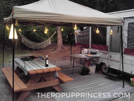 Pop Up Camper Remodel - I love the inside remodel of this pop up camper, but the outdoor setup is awesome, too. #campinghacks #popupcamper #campingwithkids Tent Trailer Remodel, Pop Up Camper Remodel, Campsite Setup, Popup Camper Remodel, Pop Up Trailer, Wallpaper Luxury, Camper Hacks, Camping Set Up, Diy Camper Remodel