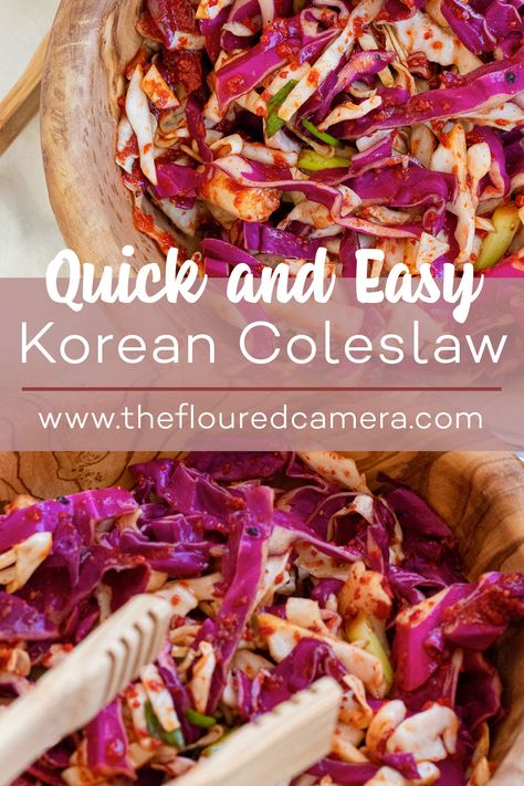 Spicy Vinegar Coleslaw Recipe, Korean Red Cabbage Slaw, Korean Cabbage Slaw, Korean Slaw Recipes, Korean Coleslaw Recipe, Chapchae Recipe, Kimchi Coleslaw, Korean Coleslaw, Korean Cabbage Salad