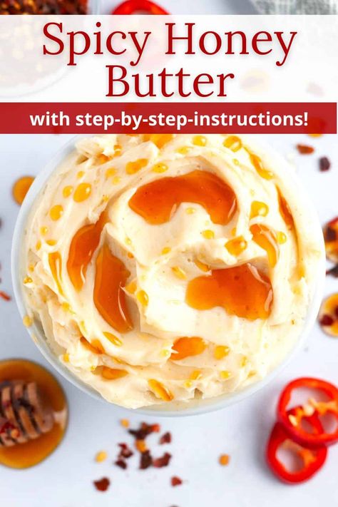 This Hot Honey Butter Recipe will bring an exciting kick to any dish in just 5 minutes! Three ingredients get whipped together to create a fluffy, sweet, and fiery spread that can be slathered on warm biscuits or melted over hot corn on the cob. Spicy honey butter is a delicious balance of sweet and heat! Hot Honey Recipes, Spicy Honey Butter, Hot Honey Butter, Spicy Butter, Hot Honey Recipe, Lemon Glaze Recipe, Flavored Butter Recipes, Honey Chicken Recipe, Creamy Pesto Chicken Pasta