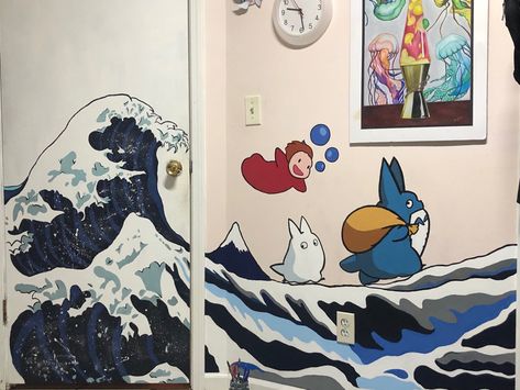 Anime Bathroom Decor, Ponyo Bathroom, Ponyo Nursery, Ponyo Room Decor, Ponyo Decor, Anime Wall Painting, Ghibli Nursery, Door Art Bedroom, Pintar Disney