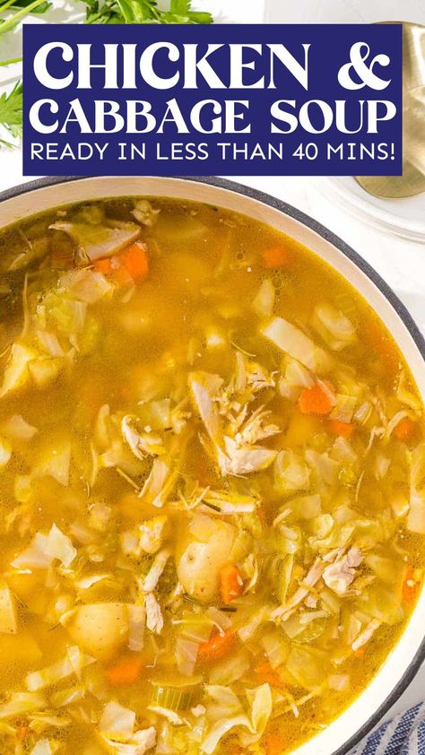 Easy chicken and cabbage soup for a yummy and healthy weeknight meal! Savory chicken with vegetables, ginger, garlic, and spices. Make this healthy soup as a lunch idea or dinner ideas. The best chicken and cabbage soup made on a stove top in one pot! If you're looking for delicious one pot soup recipes, add this healthy, low carb, quick and easy chicken and cabbage soup to your regular winter soup recipes. Easy comfort soup for those cold nights. It's one of my fav winter soups and stews! Soups With Cabbage In Them, Chicken Noodle Soup With Cabbage, Chicken Soup With Cabbage Recipes, Soups Made With Cabbage, Cabbage Soup With Chicken Broth, Chicken And Cabbage Soup Recipes, Soups With Chicken Thighs, Chicken Cabbage Soup Recipes, Easy Cabbage Soup Recipe