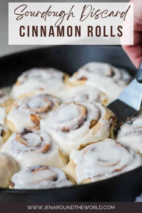 Sourdough Discard Cinnamon Rolls - Jen Around the World Skillet Cinnamon Rolls, Discard Cinnamon Rolls, Sourdough Discard Cinnamon Rolls, Dough Starter Recipe, Sourdough Discard Recipes, Recipe Using Sourdough Starter, Sourdough Cinnamon Rolls, Sourdough Starter Discard Recipe, Discard Recipes