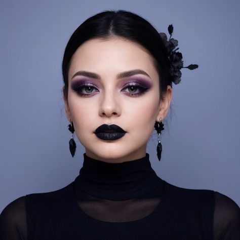 Gothic Smokey Eye Makeup, Cool Black Makeup, Dark Makeup Wedding, 80s Aesthetic Goth, Gothic Princess Makeup, Elegant Witch Makeup, Villain Eye Makeup, Black Lip Makeup Look, Cute Witchy Makeup