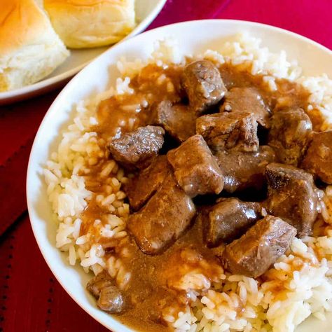 Roast And Rice And Gravy, Steak Tips And Rice, Rice And Gravy Recipes, Beef Tips And Rice Recipe, Beef Tips Over Rice, Homemade Brown Gravy, Beef Tips And Rice, Steak Rice, Dr Food