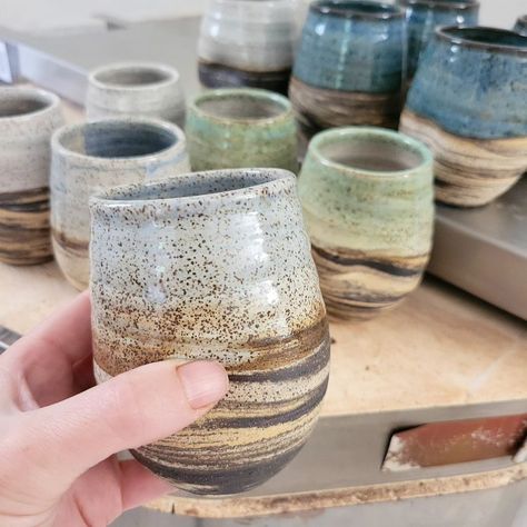 Marbled clay dimple wine cups fresh out of the kiln today headed up to @vermontgiftbarn! I made some for myself and use them constantly as go-to water glasses... they have a huge selection of VT made pottery, so if you are a pottery lover, check them out! #madeinvt #vermontmade #winecups #ceramicwinecup #stemlesswineglass #handmadeceramics #burlingtonvt #vermont #burlingtonvermont #winelover #pottery #marbledclay #vtarts #madeinvermont #buyhandmade Pottery Wine Tumblers, Clay Wine Cup, Marbled Clay Pottery, Ceramic Wine Cups, Marble Pottery, Pottery Wine Cups, Cups Pottery, Pottery Inspo, Marbled Clay