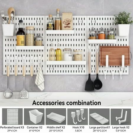 Pegboard Combination Kit offers versatile organization with 2 pegboards and 10 accessories. Measuring 22" x 11" in a sleek white design, it suits various needs from crafts to nursery storage. Installation is flexible with self-adhesive brackets for easy setup or drilling for a secure fix. Ideal for wall organization, ornaments display, and more. Product information Material Acrylonitrile Butadiene Styrene Color White Special Feature Punch-free easy installation and perfect material Shelf Type Ha Pegboard Broom Storage, Peg Board Ideas Room Decor, Peg Board Kitchen, Peg Board Organization, Peg Board Ideas, Peg Board Storage, Pegboard Shelves, Kitchen Pegboard, Peg Board Shelves