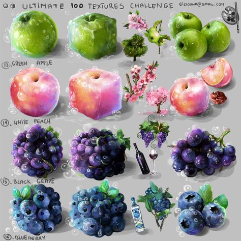 material texture study -green apple -pink peach -black grape -blueberry Digital Painting Techniques, 8bit Art, Affinity Designer, Poses References, Digital Painting Tutorials, Food Drawing, Digital Art Tutorial, Art Challenge, Art Studies