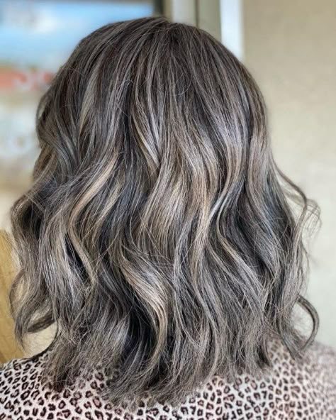 Gray Hair with Lowlights for Brunettes Gray Hair Inspiration, White Hair With Lowlights, Grey Hair Lowlights, Natural White Hair, Grey Brown Hair, Ash Grey Hair, Brown Hair With Lowlights, Charcoal Hair, Blue Grey Hair