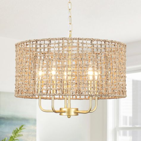 Bay Isle Home Ekkehard 5 - Light Dimmable Drum Chandelier & Reviews | Wayfair Chandelier Natural, Coastal Lighting, Rattan Chandelier, Kitchen Lights, Rattan Pendant Light, Vintage Style Decorating, Bedroom Idea, Candle Style Chandelier, Candle Chandelier