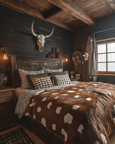 Modern Cabin Bedroom Ideas, Ranch Style Bedroom, Modern Cabin Bedroom, Modern Western Bedroom, Small Room Interior, Cowgirl Room, Country Bedroom Decor, Western Bedroom Decor, Western Rooms