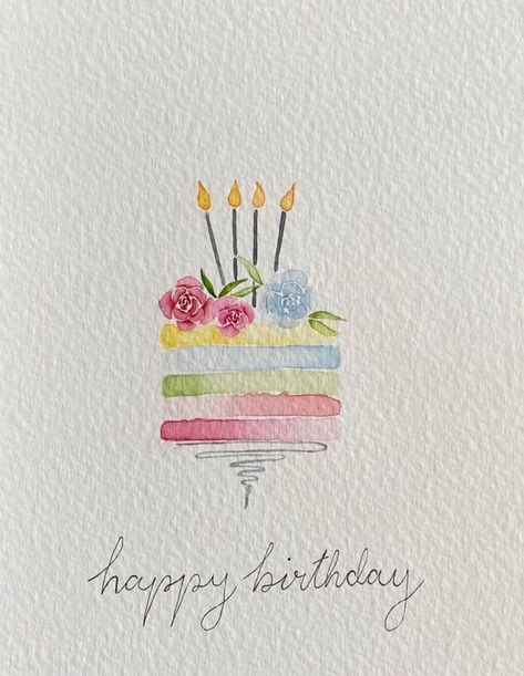 Simple Birthday Card Watercolor, Congrats Watercolor Card, Watercolor Birthday Cards Ideas, Hand Painted Cards Ideas, Birthday Watercolor Painting, Watercolor Birthday Card Diy, Watercolour Birthday Card Ideas, Cake Watercolor Painting, Easy Watercolor Birthday Cards