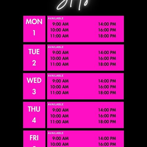 Acuity Scheduling Weekly Availability Weekly Calendar for your Instagram Story or post. 🦋 Saves Time 😎 Boosts Sales 🩷 Looks Cute! Available Weekly Booking Time Slots very easy to edit in Cavna. Social Media Post Template for hair stylists, lash tech, nails tech, and anyone else in the beauty industry who needs a cute calendar for their IG story!🩷 https://7cf5d5-65.myshopify.com/products/acuity-scheduling-template Nail Tech Instagram Posts, Nail Tech Instagram, Tech Nails, Nails Tech, Scheduling Template, Nail Business, Nail Quotes, Cute Calendar, Social Media Post Template