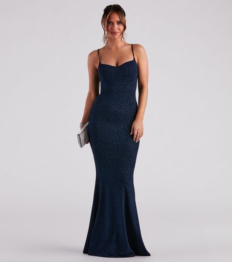 Life isn't perfect, but your dress can be! Our Ainsley gown is more than perfect with her slim form fit, and her glittering reflections. She features a V-neckline, built-in padded cups, spaghetti straps that lead to a square back, and a form-hugging silhouette that flares out to an elegant floor-sweeping finish. The formal dress is composed of a gleaming glitter knit material that offers a moderate stretch. Complete the look with rhinestone earrings.Fit & FeaturesSleeveless V-neckline, spagh Bridal Reception Dress, Damas Dresses, Dress Satin Bridesmaid, Bridesmaid Dresses Satin, Sequin Bridesmaid, Black Tie Wedding Guests, Bachelorette Dress, Sequin Bridesmaid Dresses, Purple Bridesmaid Dresses