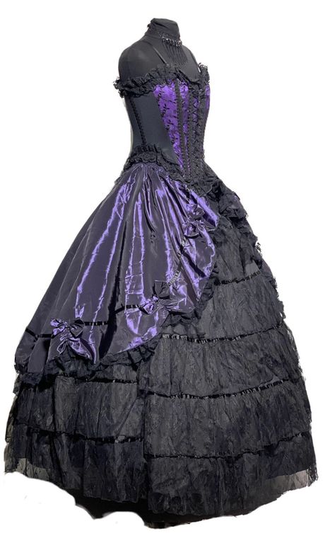 #RK76L/C8/5, RN23N/Q 3pcs Steampunk gothic outfit with boned Corset is black embroidery net over purple with Front Corseted and spaghetti straps with Sides black Lycra Panels and back 14" zip up. Boned Corset is Available in 3 Sizes S/34"M/36"L/38"Bust. Ballroom purple Taffeta Skirt has 3 tiered black elaborated flower lace fabrics With top purple taffeta silk all the way round the apron (top layer), it's fully lined. Waist is elasticated Skirt is one size and can fit up to 34" waist.  Boned und Dark Purple Gothic Dress, Purple Gothic Dress, 1500 Dress, Long Purple Skirt, Elasticated Skirt, Goth Prom Dress, Black Gothic Dress, Goth Prom, Apron Top