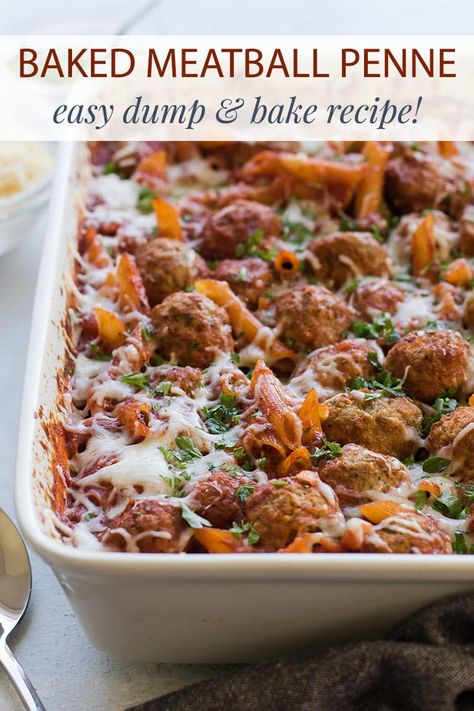 Baked Pasta Meatballs, No Cook Baked Pasta, Pasta Meatballs Bake, Baked Meatballs And Pasta, Oven Baked Pastas, Oven Cooked Pasta, One Pan Pasta Bake Easy Recipes, Penne Meatball Bake, Oven Cooked Pasta Dishes