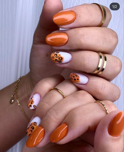 Shorties Nails Square, Orange And White Nails, Shorties Acrylic Nails, Geeky Nails, Mani Designs, Shorties Nails, Leopard Nail Designs, Nail Art Printer, Cheetah Nail Designs