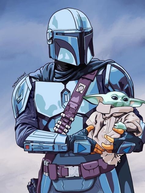 Mandalorian And Grogu Art, Mandalorian With Grogu, Mandolorians Art, Mandalorian Watercolor, Mandalorian Drawing, Grogu Art, Mudhorn Signet, Mandalorian Fanart, Ashoka Star Wars