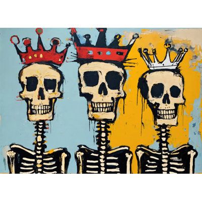 Museum quality fine art giclee reproduction printed on artist grade canvas and gallery wrapped on 1.5" stretcher bars Trinx Overall Size: 26" H x 32" W | Trinx 3 Skeletons 2-Homage-Basquiat Giclee on Gallery Wrapped Canvas black/White | Home Decor | C111398940_1092230094 | Wayfair Canada Day Of The Dead Painting Ideas, 3 Skeletons, Skulls Artwork, Basquiat Paintings, Horizontal Art, Basquiat Art, Black Canvas Art, Americana Art, Collage Art Projects