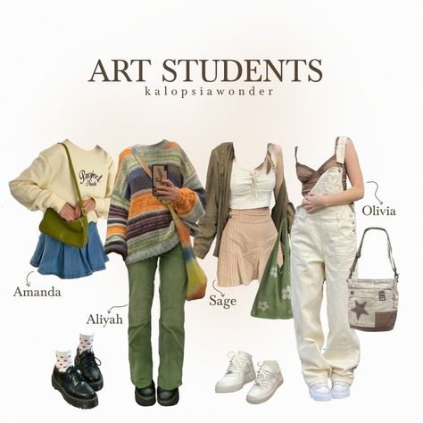 aesthetic outfit inspo for art students or back to university outfit inspo Fashion Student Outfit Aesthetic, Artistic Clothing Aesthetic, International Student Aesthetic Outfit, Art School Outfits Aesthetic, Outfits Inspired By Famous Paintings, Art How Aesthetic Outfits, College Majors As Outfits Aesthetic, Outfit Vision Board Aesthetic, Outfit Ideas For Artists