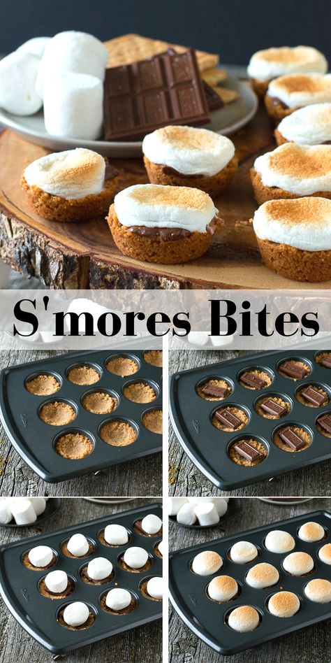 s'mores bites on wooden tray with collage image of how to assemble s'mores bites with text overlay Oven Smores, Smores Recipe, Smores Bites, Easy Smores, Smores Dessert, Smore Recipes, Dessert Bites, Oreo Dessert, S'mores