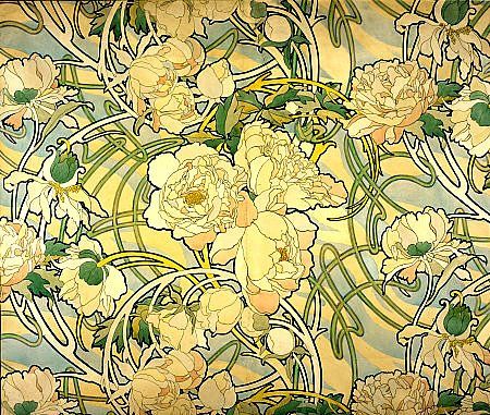 Peonies by Alphonse Mucha, 1897-98. Watercolour for a printed fabric | National Galleries of Scotland Fleurs Art Nouveau, Alfons Maria Mucha, Alphonse Mucha Art, Design Art Nouveau, Google Art Project, Mucha Art, Aubrey Beardsley, Alfons Mucha, Art Nouveau Flowers