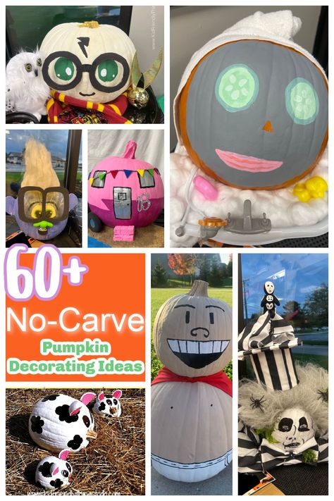 Over 60 No-Carve Pumpkin Ideas that you will love. These amazing pumpkin decorating ideas are perfect for pumpkin decorating contests. Robot Pumpkin Decorating, Cute Decorated Pumpkins, Scary No Carve Pumpkin Ideas, Funny No Carve Pumpkin Ideas, Pumpkin Ideas No Carving, Pumpkin Competition Ideas, Pumpkin Contest Ideas No Carve, Pumpkin Decorating Contest Ideas, No Carve Pumpkin Decorating Contest