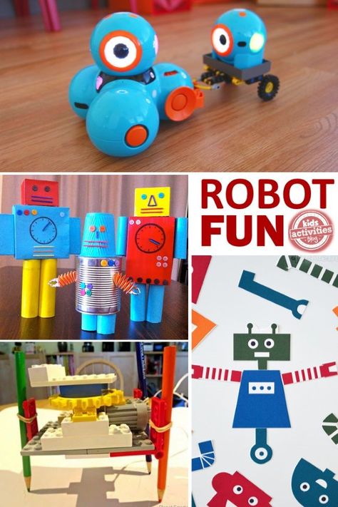 If your kids love exploring science and technology I bet they would love to explore robotics.  These are all robots that kids can make! Robot Party Activities, Recycled Robot Project Diy, Robot Crafts For Preschoolers, Recycled Robot Project, Robot Preschool, Robot Crafts, Robots Preschool, Robot Activity, Maker Fun Factory