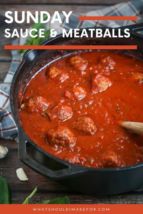 Sunday Spaghetti Sauce, Slow Cook Tomato Sauce, Sunday Sauce Italian Easy, Meatballs And Sauce Recipe, Dutch Oven Spaghetti And Meatballs, Best Sunday Sauce Recipe, Homemade Sauce And Meatballs, Sunday Sauce Italian Crockpot, Meatball And Sauce Recipe