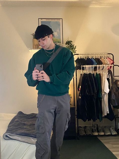 [PaidLink] Green Crewneck, Grey Cargo Pants, Black Beanie Guys Outfit. #blackcargopantsoutfit Grey Beanie Outfit Men, Grey And Green Outfit Ideas, Men Beanie Outfit, Grey Cargo Pants Outfit Men, Grey Cargo Outfit, Green Crewneck Outfit, Green Cargo Pants Outfit Men, Gray Cargo Pants Outfit, Black Cargo Pants Outfit Men