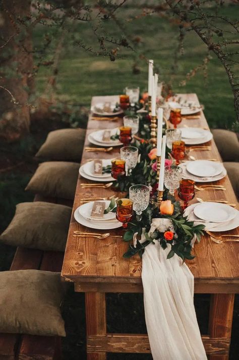 Thanksgiving 2023 Outdoors Table Setup Thanksgiving Dinner For Two, Boho Table Runner, Rustic Wedding Decorations, Thanksgiving Table Settings, Table Runners Wedding, Wedding Boho, Dinner For Two, Wedding Table Settings, Wedding Cake Designs