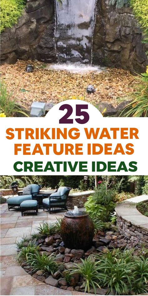 Discover elegant water feature ideas to turn your front yard into a tranquil oasis. Let soothing fountains and cascading waterfalls elevate your outdoor space with elegance and serenity. Enhance your home's curb appeal by creating a stunning focal point that captivates the eye. Dive in and be inspired by the beauty of incorporating water features into your front yard landscaping projects. Rustic Garden Water Features, Water Features Backyard, Landscaping Around Water Fountain, Water Feature On Deck, Pebble Water Feature, Rock Wall Water Feature, Waterfall Backyard Landscaping, Small Outdoor Water Features, Zen Front Yard Landscaping